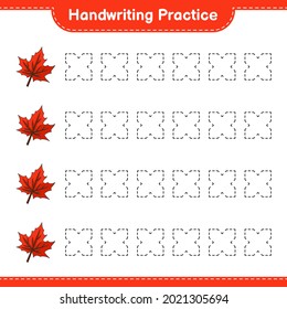 Handwriting practice. Tracing lines of Maple Leaf. Educational children game, printable worksheet, vector illustration