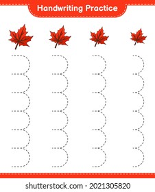 Handwriting practice. Tracing lines of Maple Leaf. Educational children game, printable worksheet, vector illustration