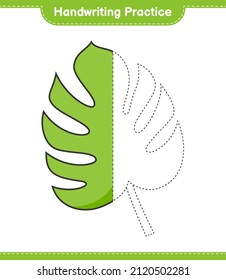 Handwriting practice. Tracing lines of Monstera. Educational children game, printable worksheet, vector illustration