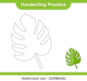 Práctica de escritura a mano. Rastreo de líneas de Monstera. Juego infantil educativo, hoja de cálculo imprimible, ilustración vectorial