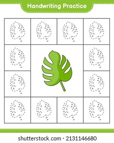 Práctica de escritura a mano. Rastreo de líneas de Monstera. Juego infantil educativo, hoja de cálculo imprimible, ilustración vectorial