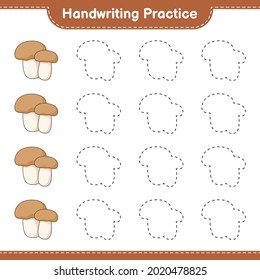 Práctica de escritura a mano. Trazando líneas de hongo Boletus. Juego infantil educativo, hoja de cálculo imprimible, ilustración vectorial