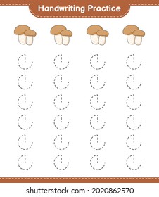 Handwriting practice. Tracing lines of Mushroom Boletus. Educational children game, printable worksheet, vector illustration