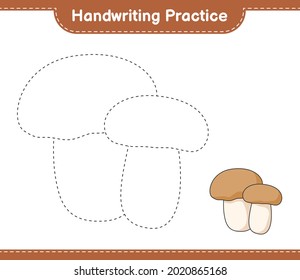 Handwriting practice. Tracing lines of Mushroom Boletus. Educational children game, printable worksheet, vector illustration