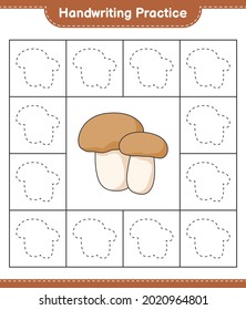 Handwriting practice. Tracing lines of Mushroom Boletus. Educational children game, printable worksheet, vector illustration