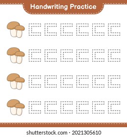 Práctica de escritura a mano. Trazando líneas de hongo Boletus. Juego infantil educativo, hoja de cálculo imprimible, ilustración vectorial