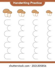 Práctica de escritura a mano. Trazando líneas de hongo Boletus. Juego infantil educativo, hoja de cálculo imprimible, ilustración vectorial