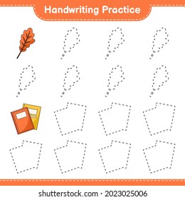 Práctica de escritura a mano. Rastreo de hojas de roble y libro. Juego infantil educativo, hoja de cálculo imprimible, ilustración vectorial