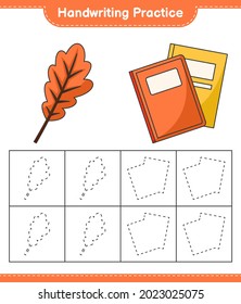 Handwriting practice. Tracing lines of Oak Leaf and Book. Educational children game, printable worksheet, vector illustration