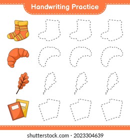 Handschriftübungen. Die Leinen von Eichenblättern, Socken, Büchern und Croissant. Kinderspiel, druckbares Arbeitsblatt, Vektorgrafik
