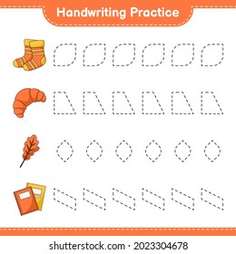 Práctica de escritura a mano. Rastreo de hojas de roble, zócalos, libros y croissant. Juego infantil educativo, hoja de cálculo imprimible, ilustración vectorial
