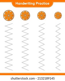 Handschriftübungen. Rennstrecken von Orange. Kinderspiel, druckbares Arbeitsblatt, Vektorgrafik