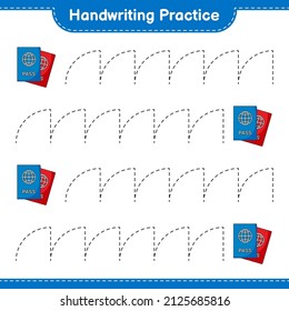Práctica de escritura a mano. Rastreo de líneas de Passport. Juego infantil educativo, hoja de cálculo imprimible, ilustración vectorial