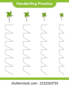 Handwriting practice. Tracing lines of Pinwheels. Educational children game, printable worksheet, vector illustration
