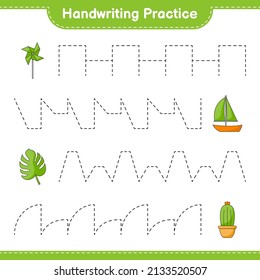 Handwriting practice. Tracing lines of Pinwheels, Cactus, Monstera, and Sailboat. Educational children game, printable worksheet, vector illustration