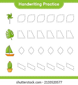 Handwriting practice. Tracing lines of Pinwheels, Cactus, Monstera, and Sailboat. Educational children game, printable worksheet, vector illustration