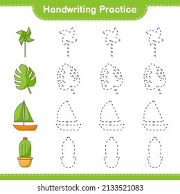 Práctica de escritura a mano. Líneas de seguimiento de PinUCES, Cactus, Monstera y Sailboat. Juego infantil educativo, hoja de cálculo imprimible, ilustración vectorial