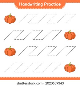 Práctica de escritura a mano. Rastreo de líneas de calabaza. Juego infantil educativo, hoja de cálculo imprimible, ilustración vectorial