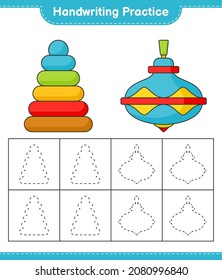 Handwriting practice. Tracing lines of Pyramid Toy and Whirligig Toy. Educational children game, printable worksheet, vector illustration