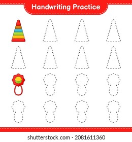 Handwriting practice. Tracing lines of Pyramid Toy and Baby Rattle. Educational children game, printable worksheet, vector illustration