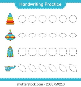 Práctica de escritura a mano. Líneas de seguimiento de la Pirámide Toy, Whirligig Toy, Rocket y Helicopter. Juego infantil educativo