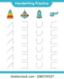 Handwriting practice. Tracing lines of Pyramid Toy, Whirligig Toy, Rocket, and Helicopter. Educational children game