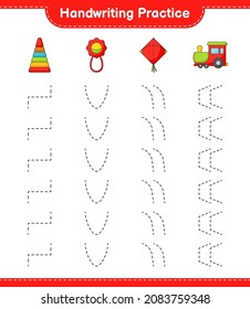 Handwriting practice. Tracing lines of Pyramid Toy, Baby Rattle, Kite, and Train. Educational children game