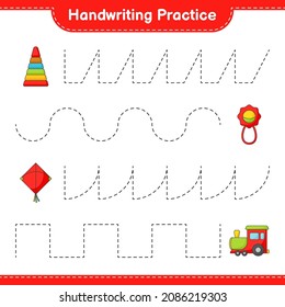 Handwriting practice. Tracing lines of Pyramid Toy, Baby Rattle, Kite, and Train. Educational children game