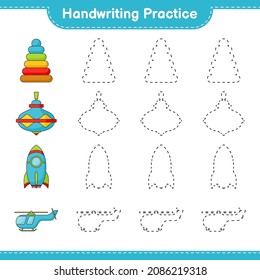 Handwriting practice. Tracing lines of Pyramid Toy, Whirligig Toy, Rocket, and Helicopter. Educational children game