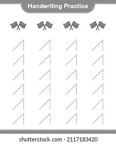Práctica de escritura a mano. Rastreo de líneas de Banderas de Racing. Juego infantil educativo, hoja de cálculo imprimible, ilustración vectorial
