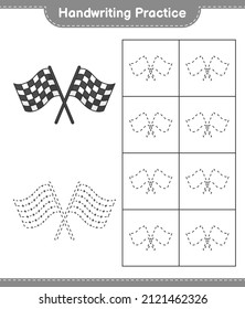 Práctica de escritura a mano. Rastreo de líneas de Banderas de Racing. Juego infantil educativo, hoja de cálculo imprimible, ilustración vectorial
