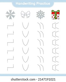 Handwriting practice. Tracing lines of Ribbon, Snowflake, and Gift Box. Educational children game, printable worksheet, vector illustration
