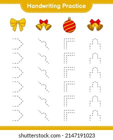 Práctica de escritura a mano. Rastreo de líneas de cinta de opciones, bola de Navidad y campana de Navidad. Juego infantil educativo, hoja de cálculo imprimible, ilustración vectorial