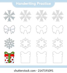 Práctica de escritura a mano. Trazando líneas de cinta de opciones, copo de nieve y caja de regalo. Juego infantil educativo, hoja de cálculo imprimible, ilustración vectorial