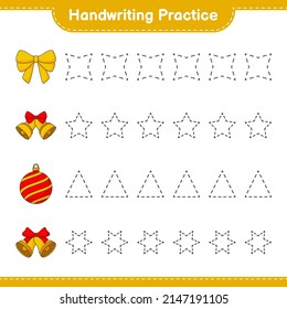 Handwriting practice. Tracing lines of Ribbon, Christmas Ball, and Christmas Bell. Educational children game, printable worksheet, vector illustration