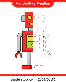 Handschriftübungen. Nachweislinien für Roboter-Charaktere. Kinderspiel, druckbares Arbeitsblatt, Vektorgrafik