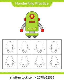 Práctica de escritura a mano. Rastreo de líneas de caracteres robots. Juego infantil educativo, hoja de cálculo imprimible, ilustración vectorial