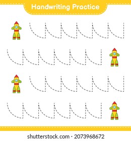 Práctica de escritura a mano. Rastreo de líneas de cohete. Juego infantil educativo, hoja de cálculo imprimible, ilustración vectorial