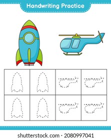 Handwriting practice. Tracing lines of Rocket and Helicopter. Educational children game, printable worksheet, vector illustration