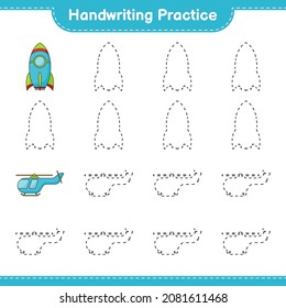 Handwriting practice. Tracing lines of Rocket and Helicopter. Educational children game, printable worksheet, vector illustration
