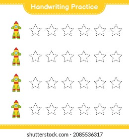 Handwriting practice. Tracing lines of Rocket. Educational children game, printable worksheet, vector illustration