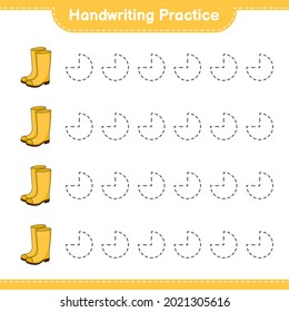 Práctica de escritura a mano. Rastreo de líneas de surcos de caucho. Juego infantil educativo, hoja de cálculo imprimible, ilustración vectorial