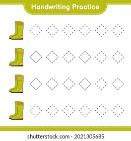 Handschriftübungen. Rückverfolgung von Gummistiefeln. Kinderspiel, druckbares Arbeitsblatt, Vektorgrafik