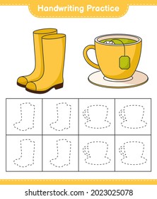 Handwriting practice. Tracing lines of Rubber Boots and Tea Cup. Educational children game, printable worksheet, vector illustration