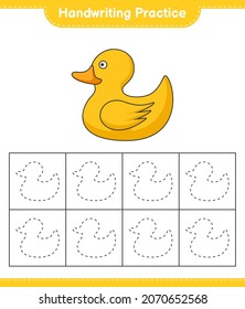Práctica de escritura a mano. Rastreo de líneas del pato de caucho. Juego infantil educativo, hoja de cálculo imprimible, ilustración vectorial