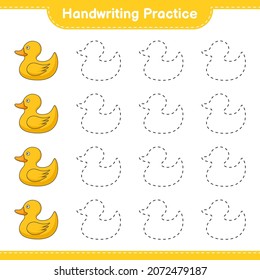 Handschriftübungen. Trainingslinien von Rubber Duck. Kinderspiel, druckbares Arbeitsblatt, Vektorgrafik