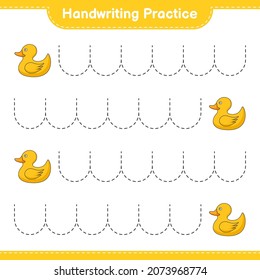 Práctica de escritura a mano. Rastreo de líneas del pato de caucho. Juego infantil educativo, hoja de cálculo imprimible, ilustración vectorial