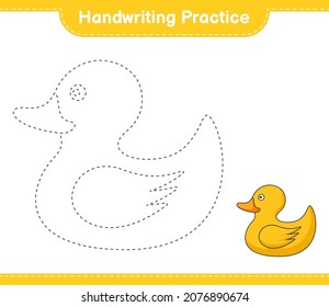 Handwriting practice. Tracing lines of Rubber Duck. Educational children game, printable worksheet, vector illustration