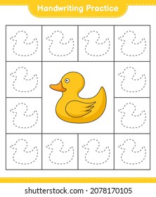 Handschriftübungen. Trainingslinien von Rubber Duck. Kinderspiel, druckbares Arbeitsblatt, Vektorgrafik