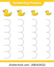 Handwriting practice. Tracing lines of Rubber Duck. Educational children game, printable worksheet, vector illustration